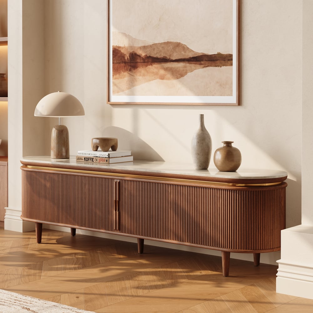 79" Ash Wood Walnut Fluted TV Stand with Sintered Stone Top window image