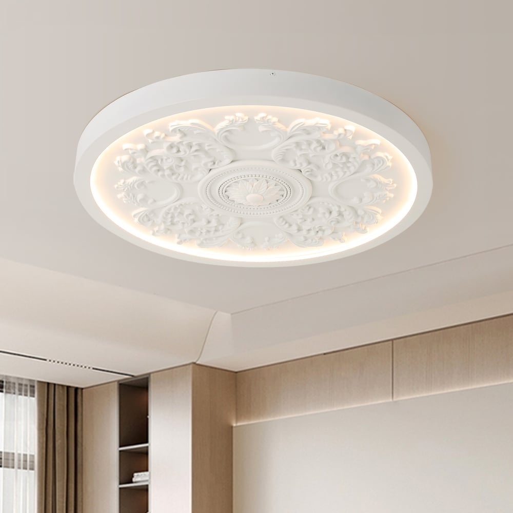 French Elegant White Resin 3D Carved LED Dimmable Flush Mount Ceiling Light window image