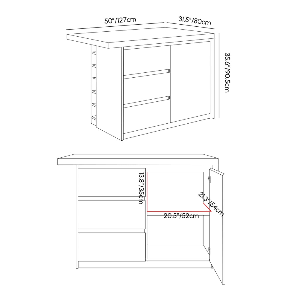 Modern 1270mm Glossy Sintered Stone Kitchen Island with Storage, White weights dimensions image