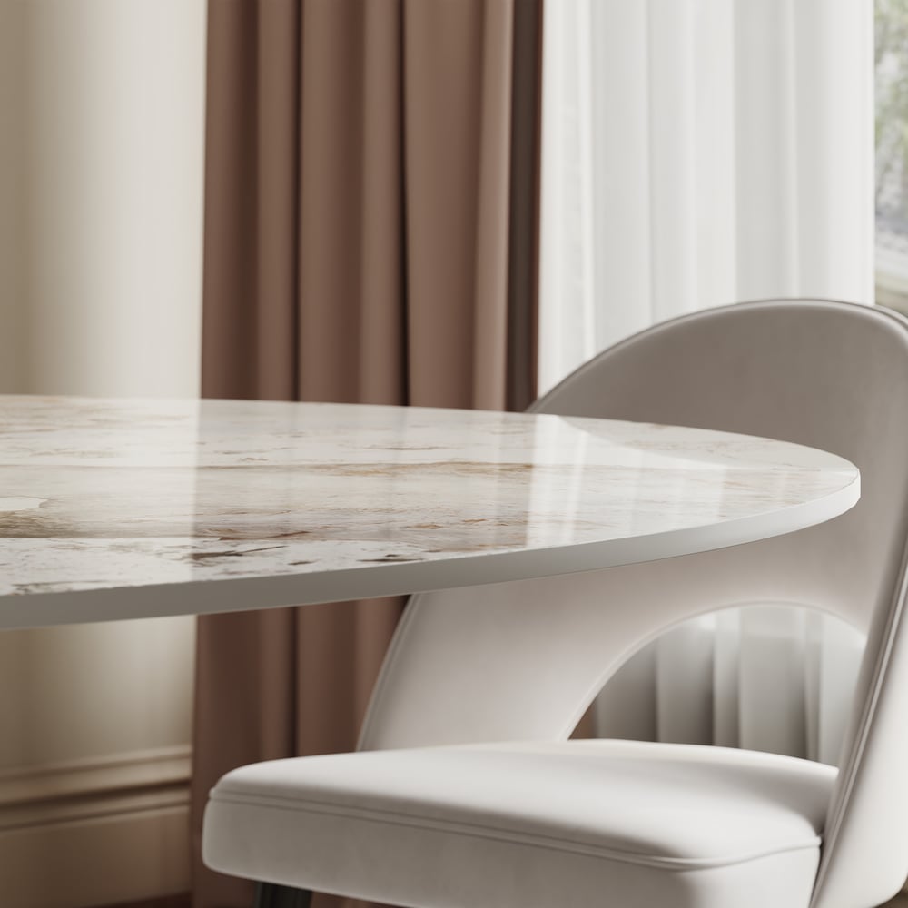 Modern 60" Round Glossy Sintered Stone Dining Table with Black Pedestal Base, Seats 6 window image