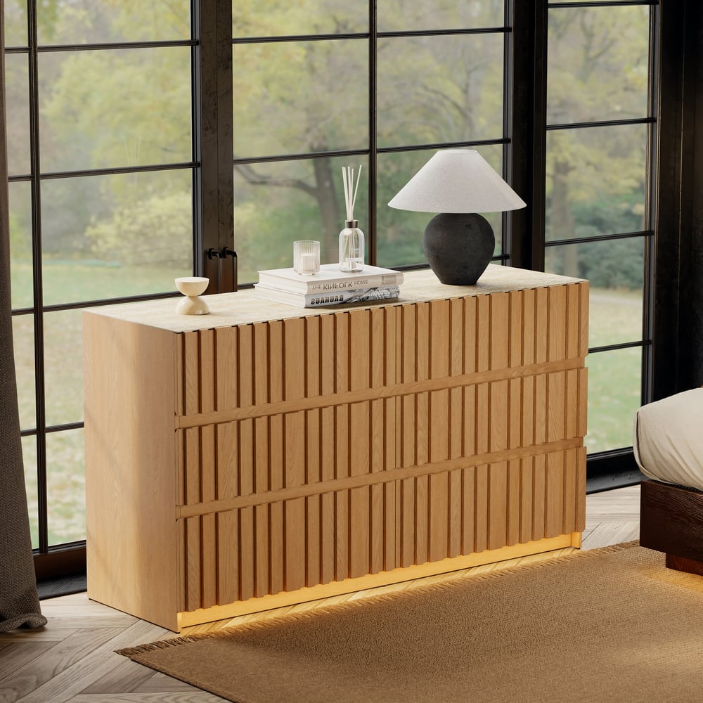 Aura 59" Natural Sintered Stone 6-Drawer Dresser with Lighting window image