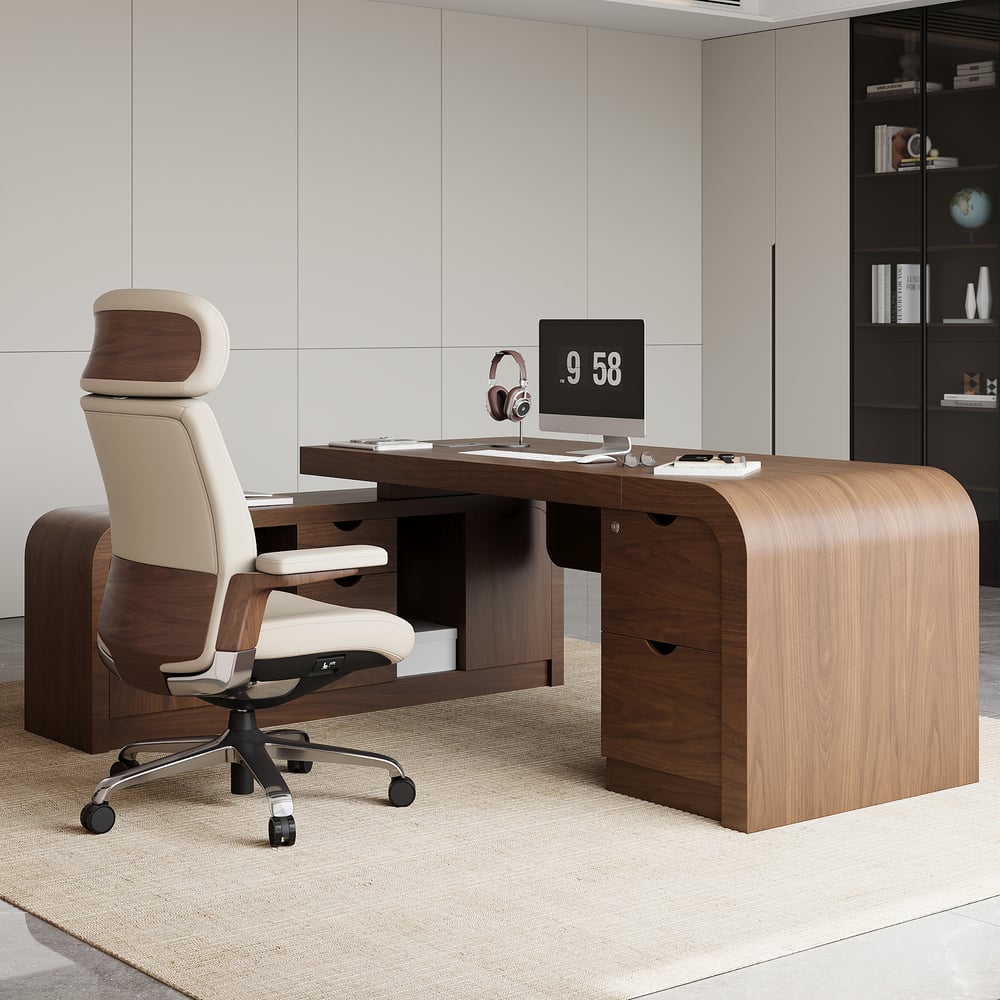 Ivory Genuine Leather Swivel Office Chair with Ergonomic Synchro-Tilt Recline System window image