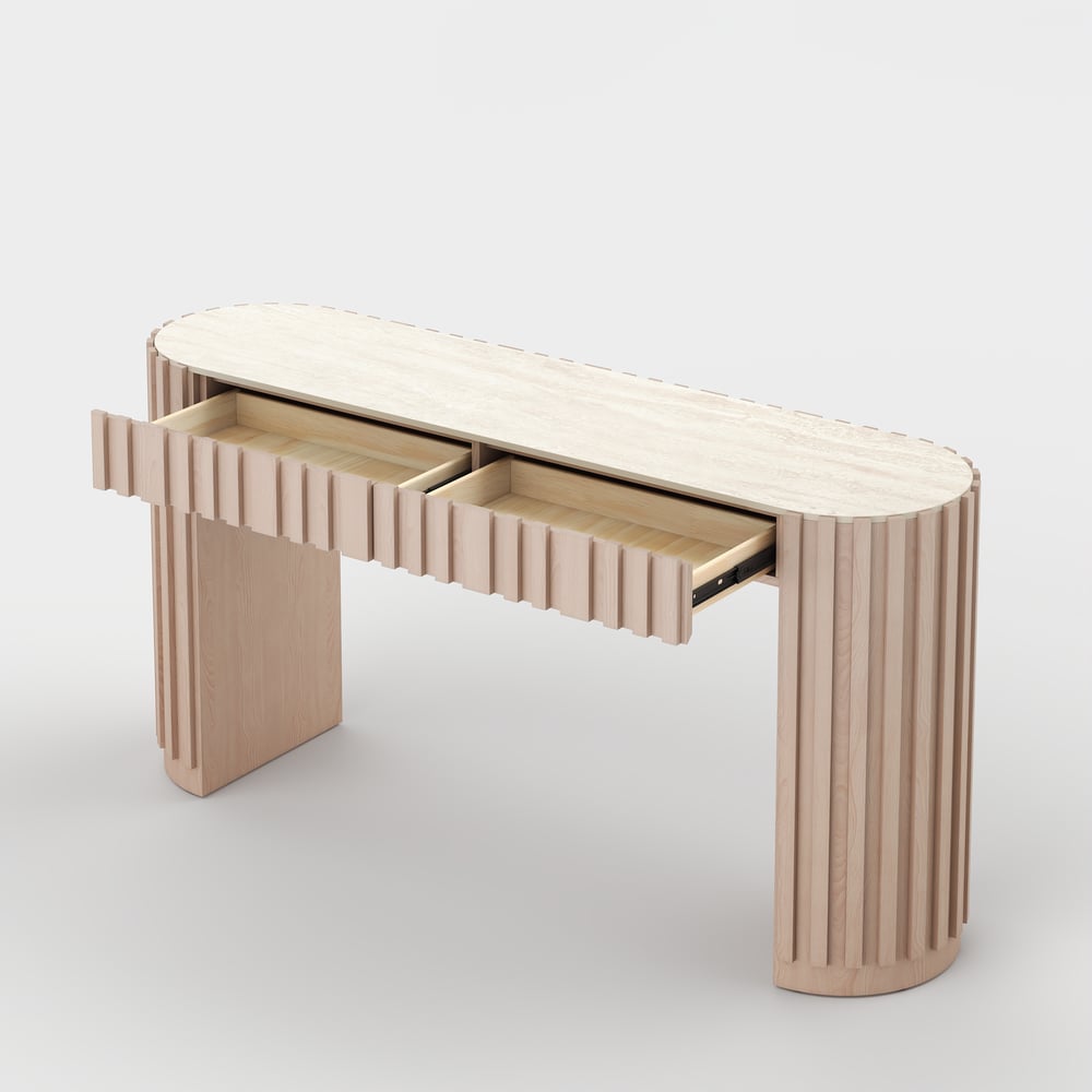 Aura 60" Ash Wood Fluted Whitewash Console Table With Sintered Stone Top window image