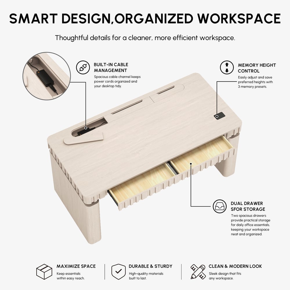 Aura 160 cm Whitewash Fluted Electric Adjustable Standing Desk window image