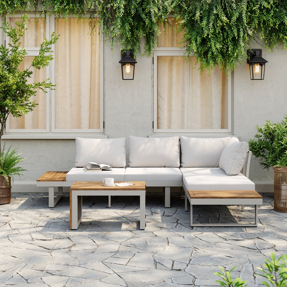 Slatera Outdoor Acacia & Aluminum Modular Sofa Set in Light Gray with Black Cover window image