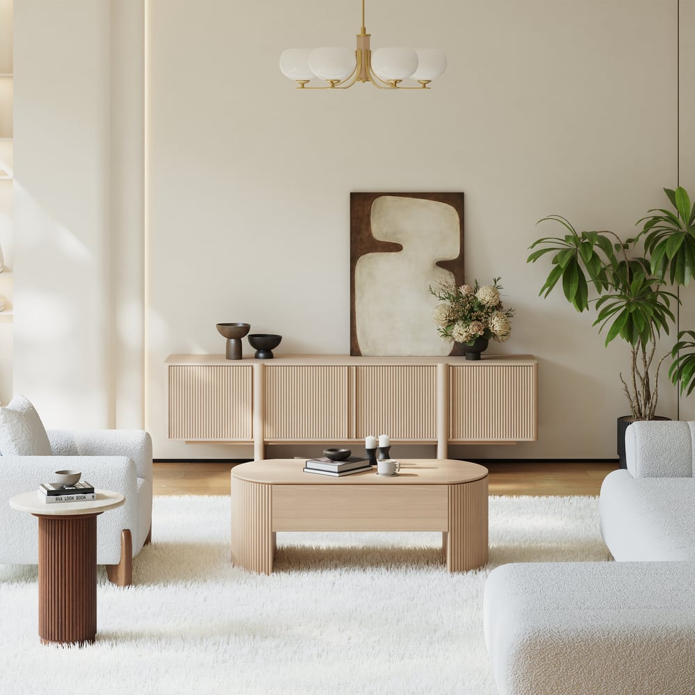 80" Solid Wood Fluted Whitewash TV Stand with Cabinets window image