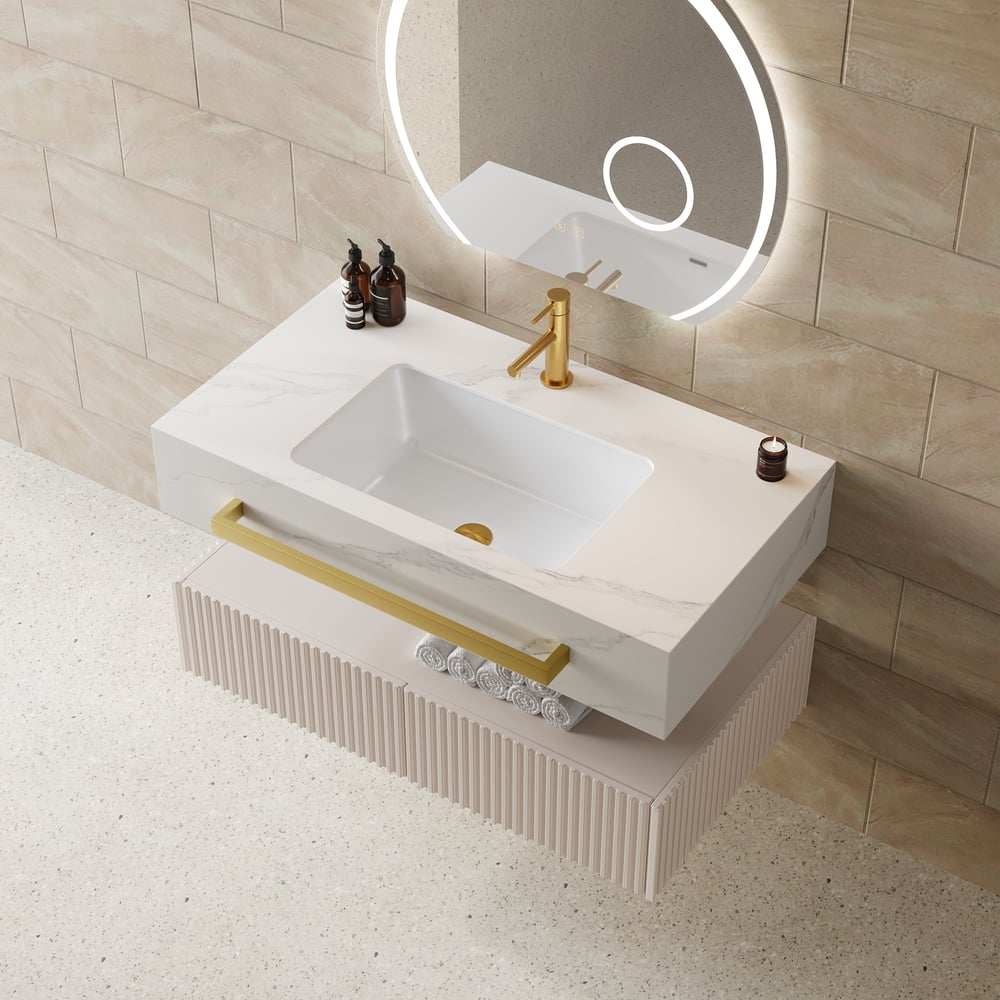 Mueble de baño flotante de 91 cm (36") con doble lavabo, encimera de piedra sinterizada, toallero dorado Imagen de ventana