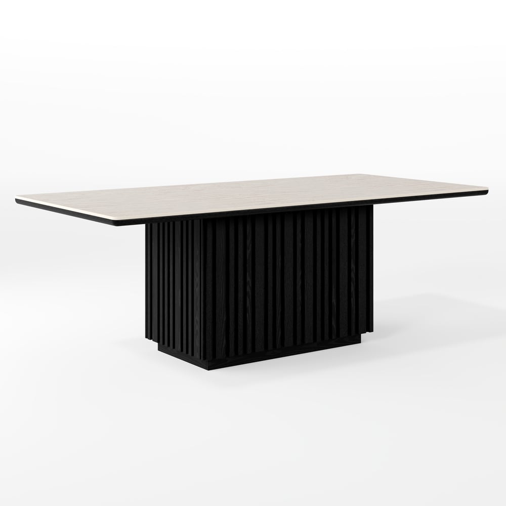 Aura 84" Rectangular Black Faux Travertine Sintered Stone Dining Table, Fluted Base, Seats 8 window image