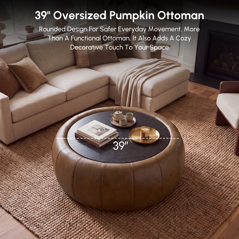 Modern 39" Round Performance Leather Ottoman Coffee Table with Hidden Storage window image