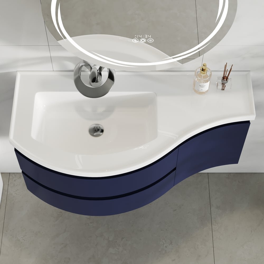 35" Navy Floating Single Curved Bathroom Vanity with Sink & Storage window image