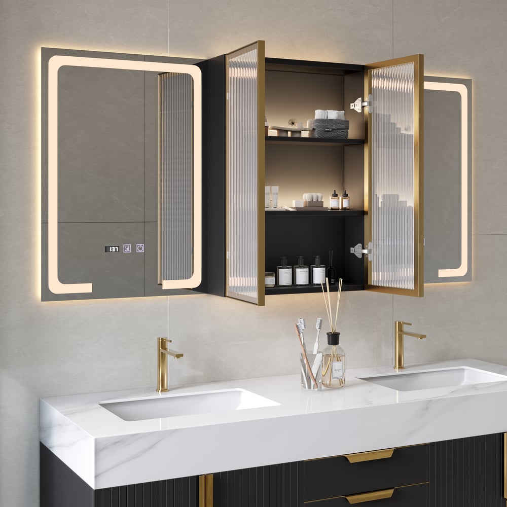 Mobile a specchio LED nero da 150 cm con vano centrale, dimmerabile a 3 colori e antiappannamento Immagine della finestra