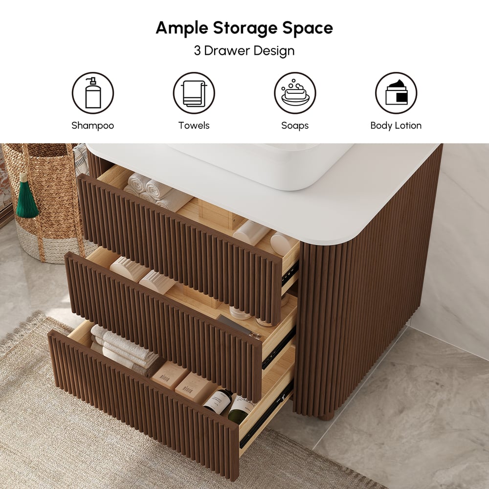 80cm Fluted Freestanding Bathroom Vanity with Vessel Sink, 3-Drawers, Sintered Stone top window image