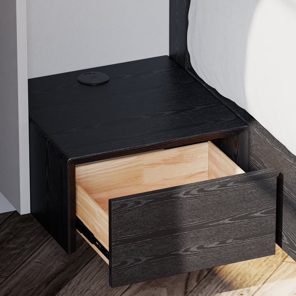 King Solid Wood Bed with Leather Extended Headboard & Floating Smart Nightstand Set window image