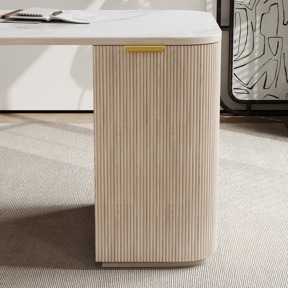 Modern Wash White Ash Wood & Sintered Stone Rectangle Desk with 6 Drawers (63.8") window image