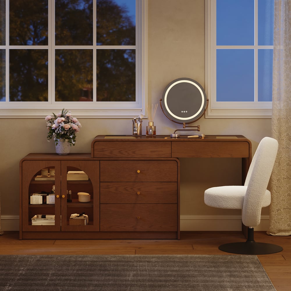 Mid Century Modern Extendable L-Shaped Makeup Vanity Dresser with LED Mirror(49"–91") window image