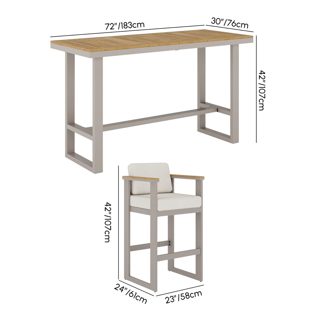 Tevara Teak Wood Modern Outdoor Bar Set Sand Frame & Warm White Cushion weights dimensions image
