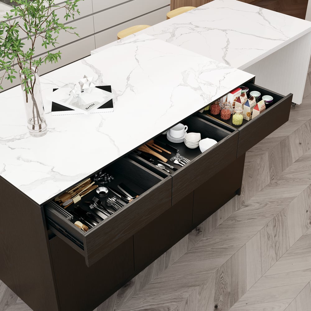 81"–112" Modern Extendable Glossy Sintered Stone Kitchen Island with Storage, White & Black window image