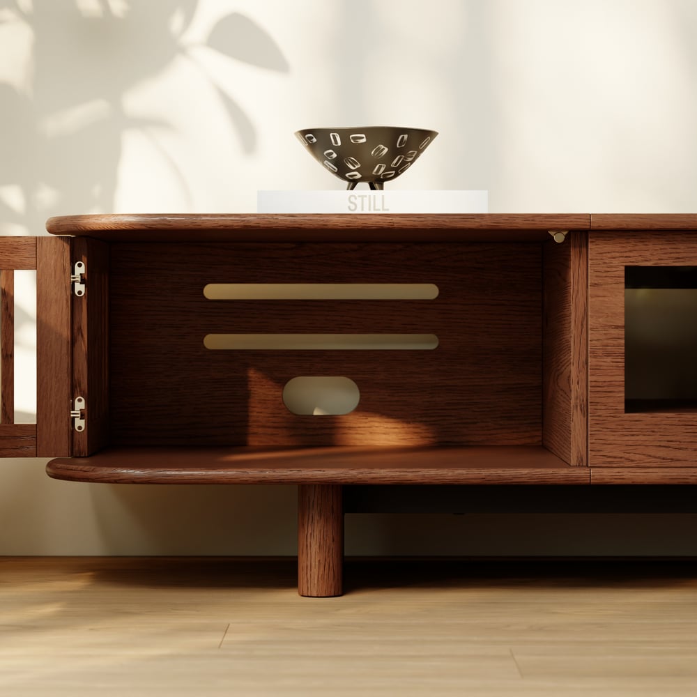 80" Ash Wood Fluted Walnut Projector TV Stand with LED window image