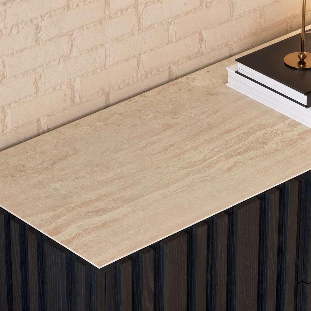 Aura 60" Black Faux Travertine Sideboard with Ash Wood Slatted Doors & LED Light window image