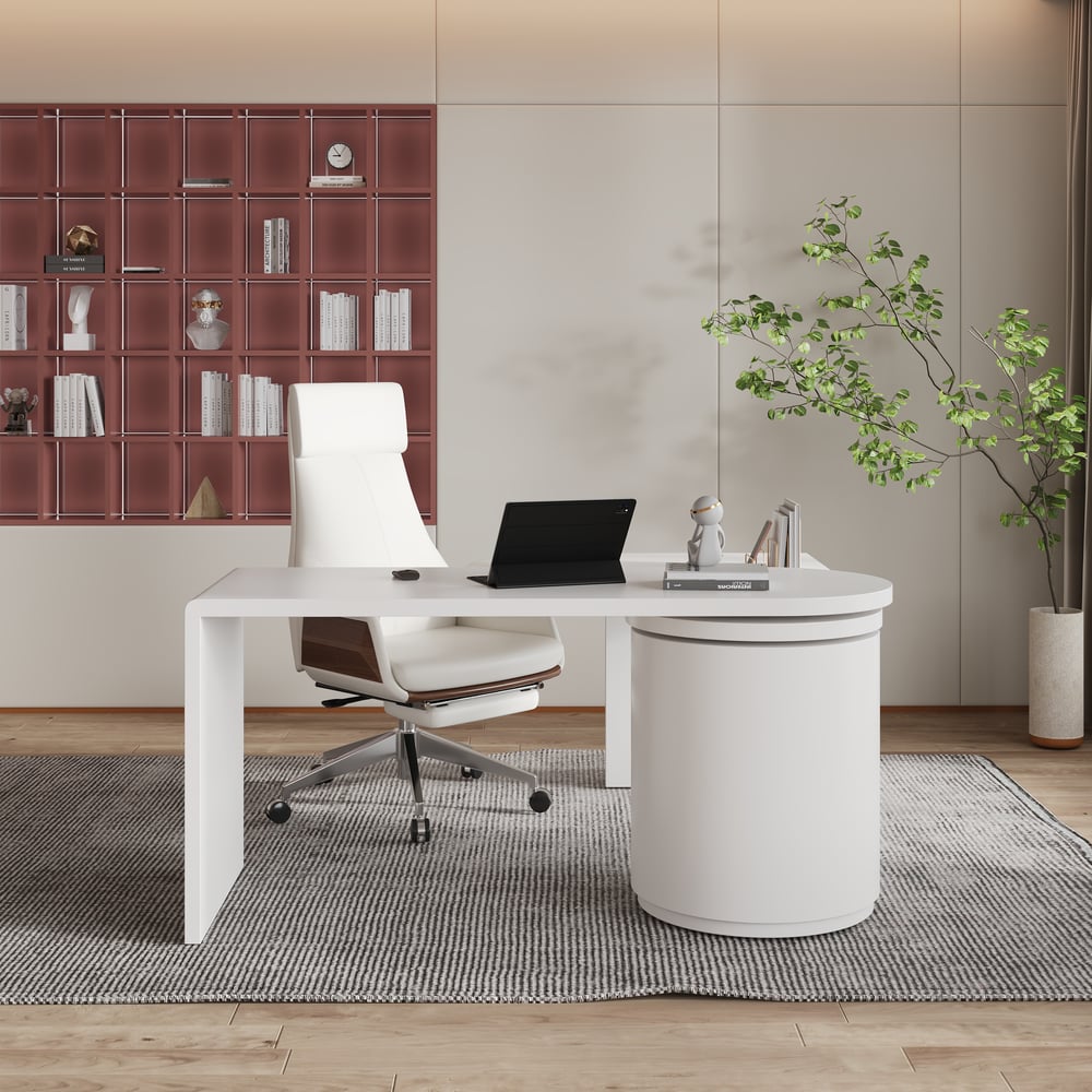 Modern 60" L-Shaped Matte Warm White Executive Desk with Drawers, Rotating Design window image