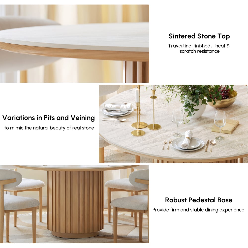 Aura 47" Round Natural Faux Travertine Sintered Stone Dining Table, Fluted Base, Seats 4 window image