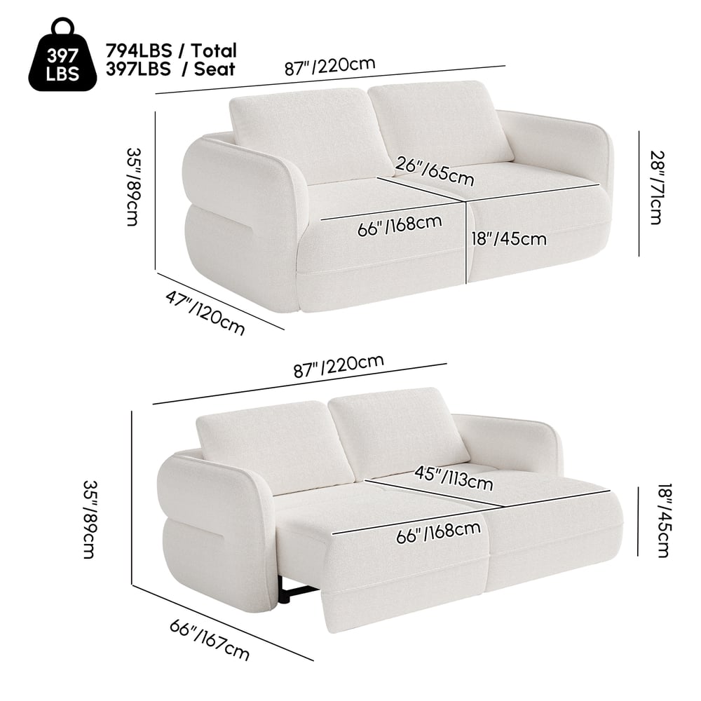 Modern 87" 2-Seater Chenille Power Convertible Sleeper Sofa with Remote Control weights dimensions image