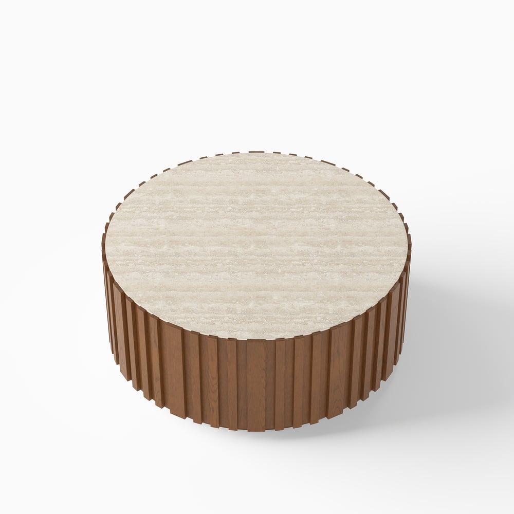 Aura 35" Ash Wood Slatted Round Coffee Table with Sintered Stone Top window image