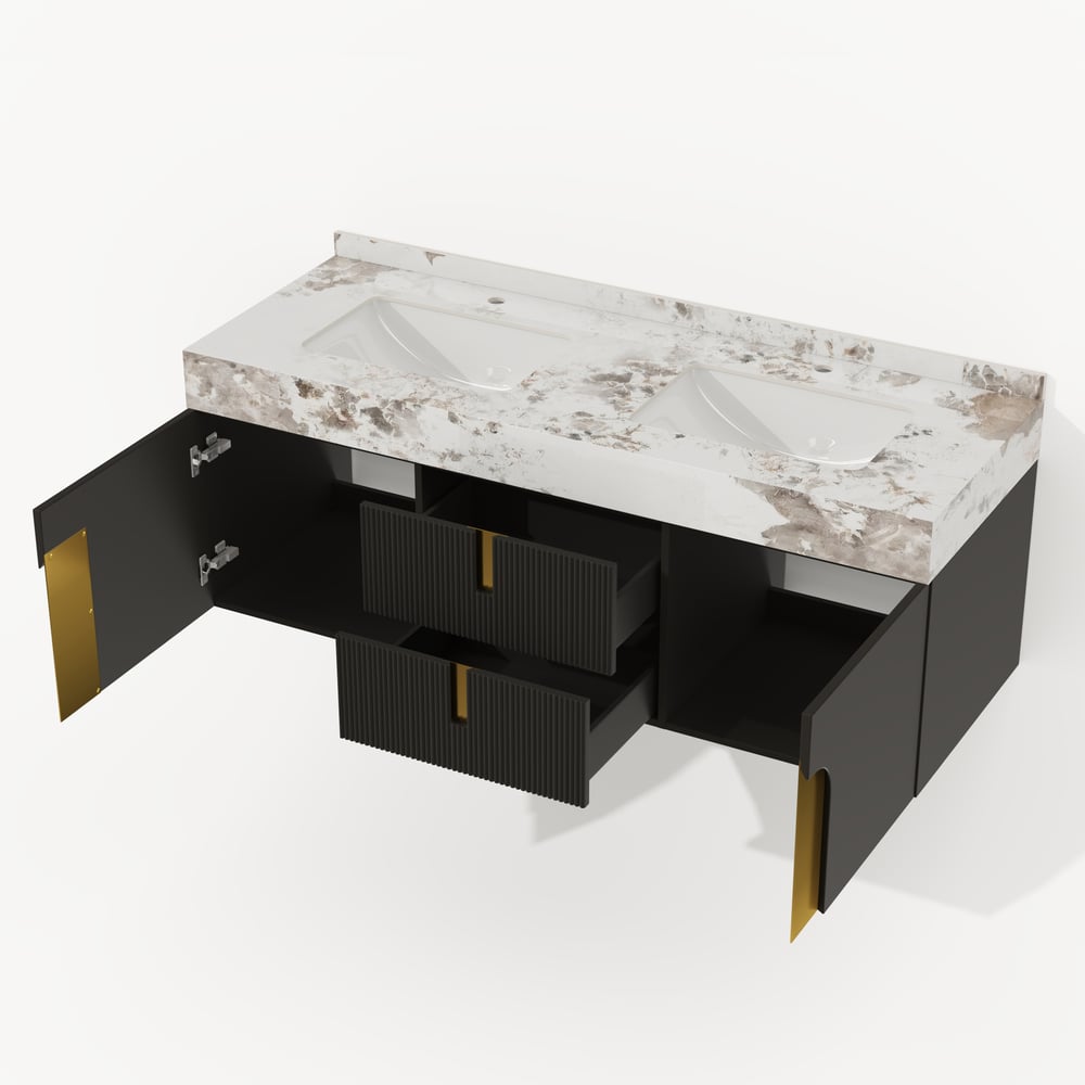 Mueble de baño Artis de 152cm de doble lavabo flotante con encimera de piedra sinterizada Imagen de ventana