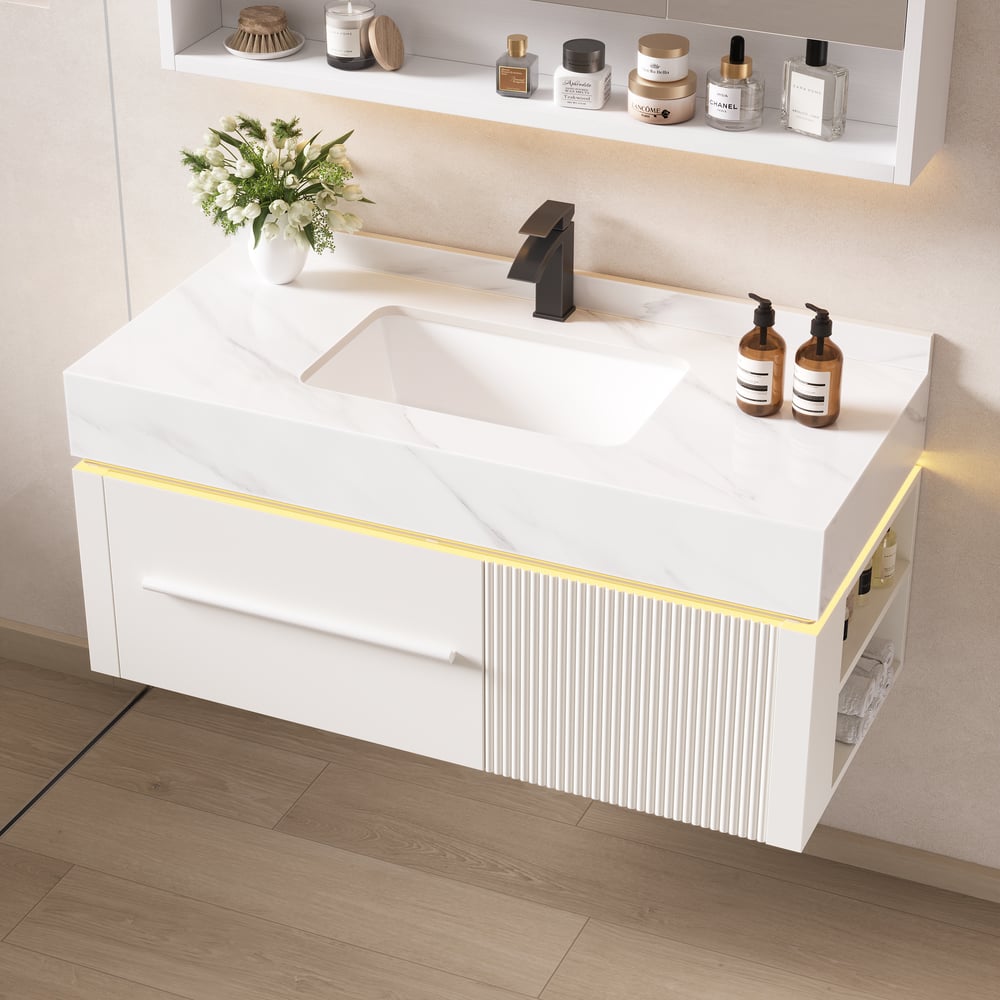 39.4" Wall-Mounted Bathroom Vanity with Sintered Stone Top, LED Sensor Light window image