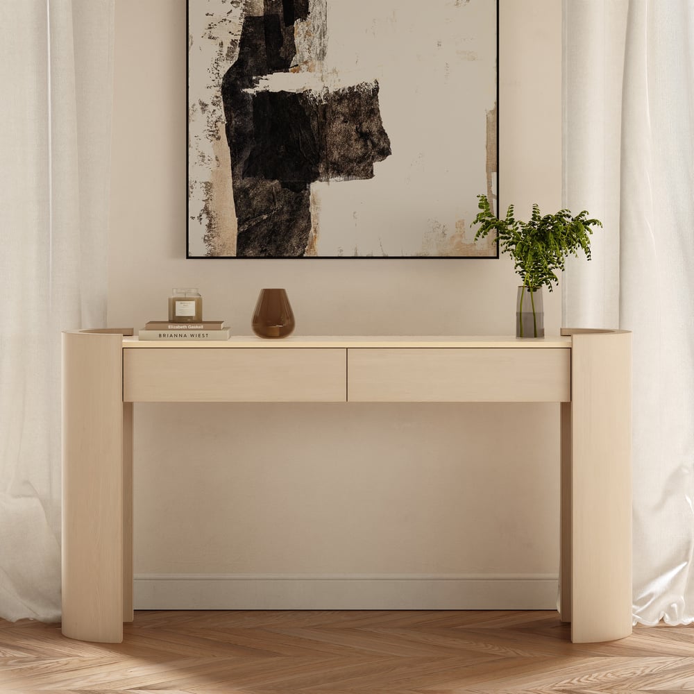 Console ovale Japandi de 60 pouces en pierre frittée avec 2 tiroirs image de fenêtre