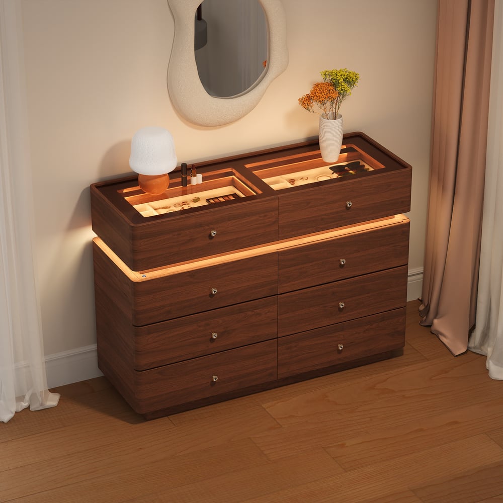 Modern 47" Tempered Glass Top 8-Drawer White Dresser with LED & Jewelry Trays window image