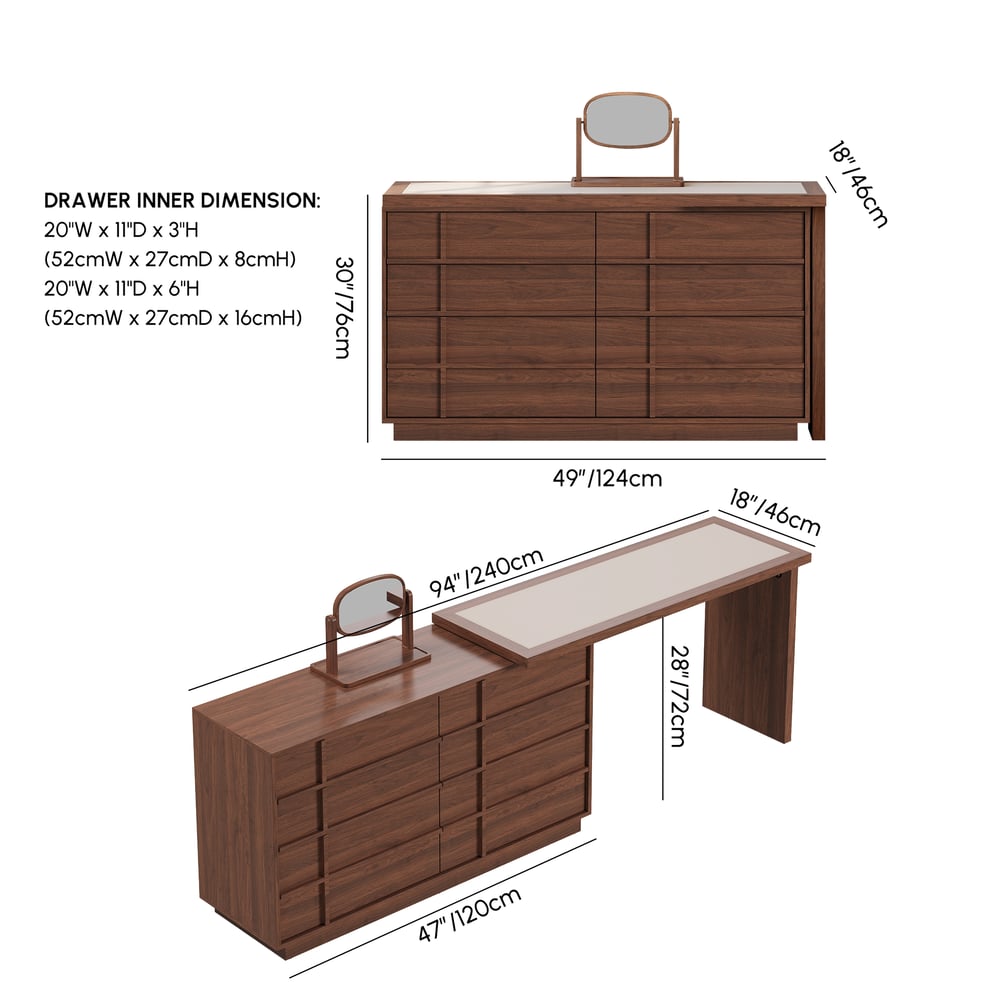 Panvyr Wooden Extendable L-Shaped Makeup Vanity Dresser with Vanity Mirror (49"–94") weights dimensions image
