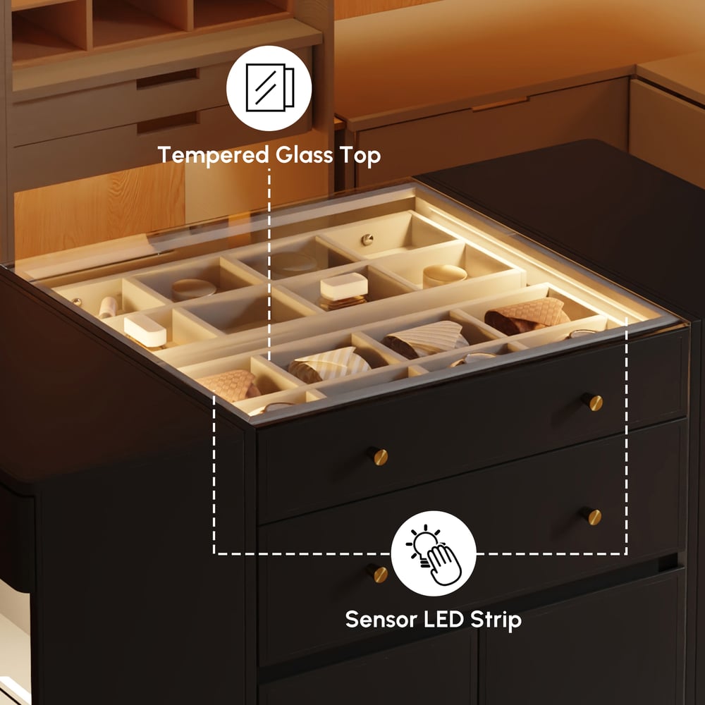 Selvo Saddle Leather Black Closet Island with Storage, Light and Jewelry Display window image