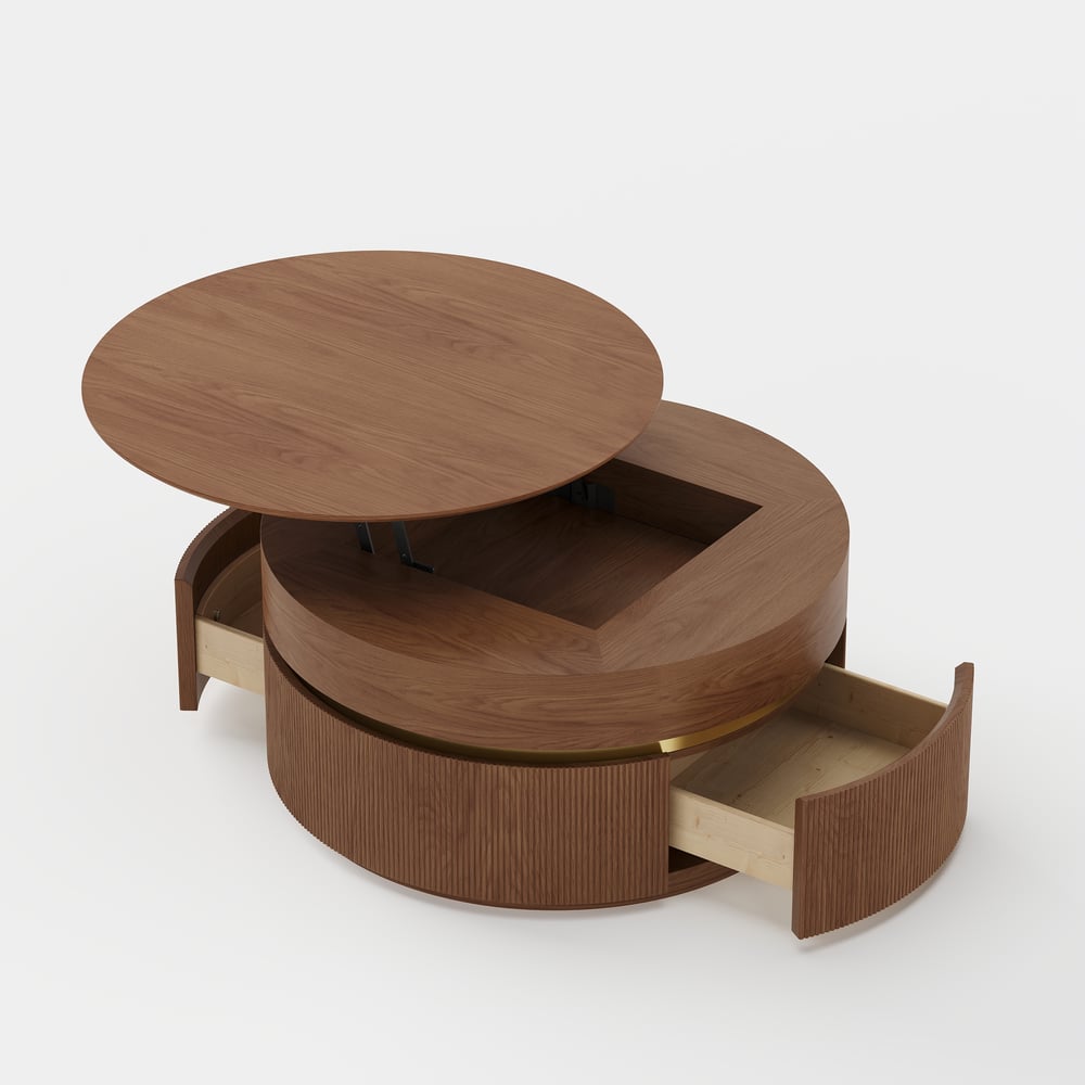 Table basse ronde en noyer à plateau relevable cannelé de 32 pouces avec 2 tiroirs image de fenêtre