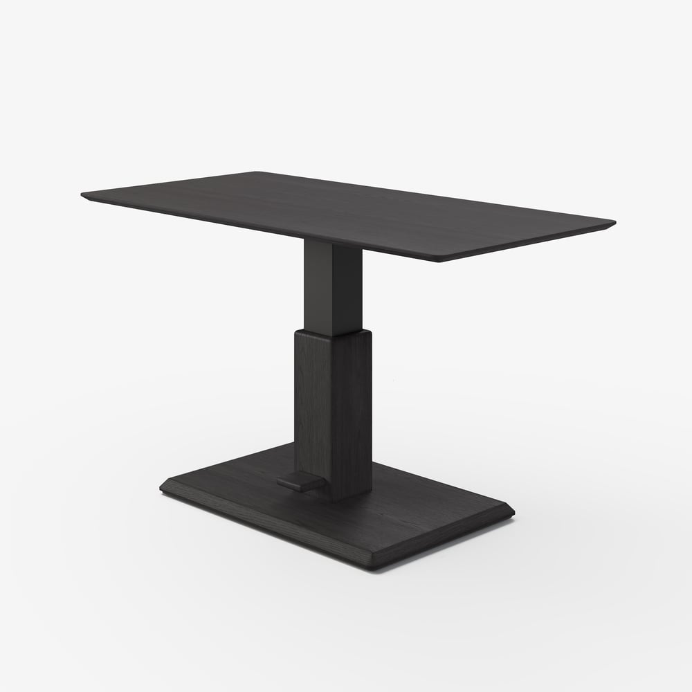 Table basse moderne de 119 cm en placage de bois noir, réglable en hauteur avec commande au pied image de fenêtre