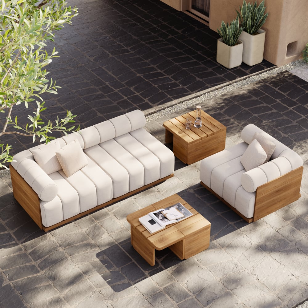 Resaro Teak Wood Deep-Seat 3-Seater Outdoor Sofa Warm White window image