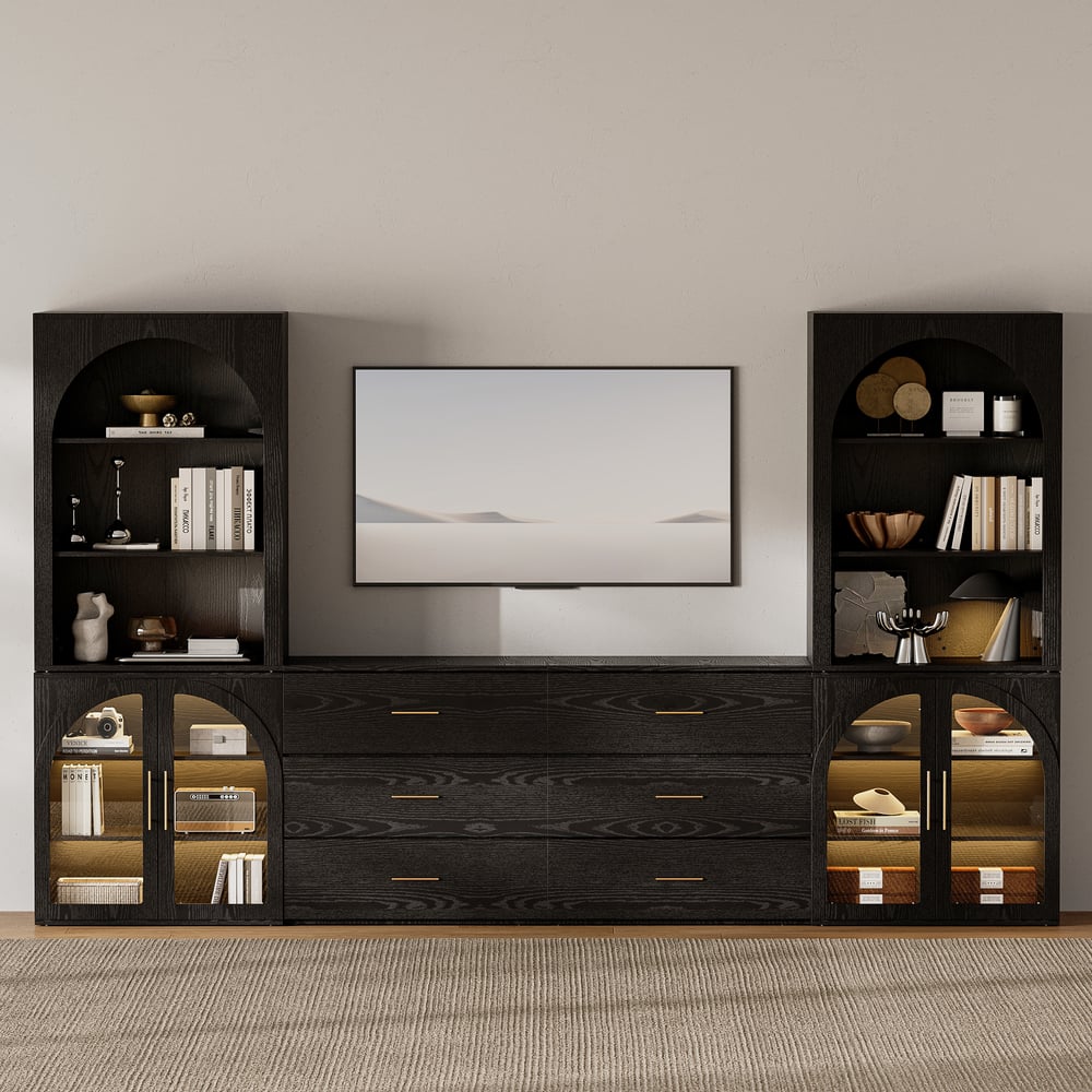 Arune 126"  Arched Glass Door 3-Piece Entertainment Center with Bookshelf window image