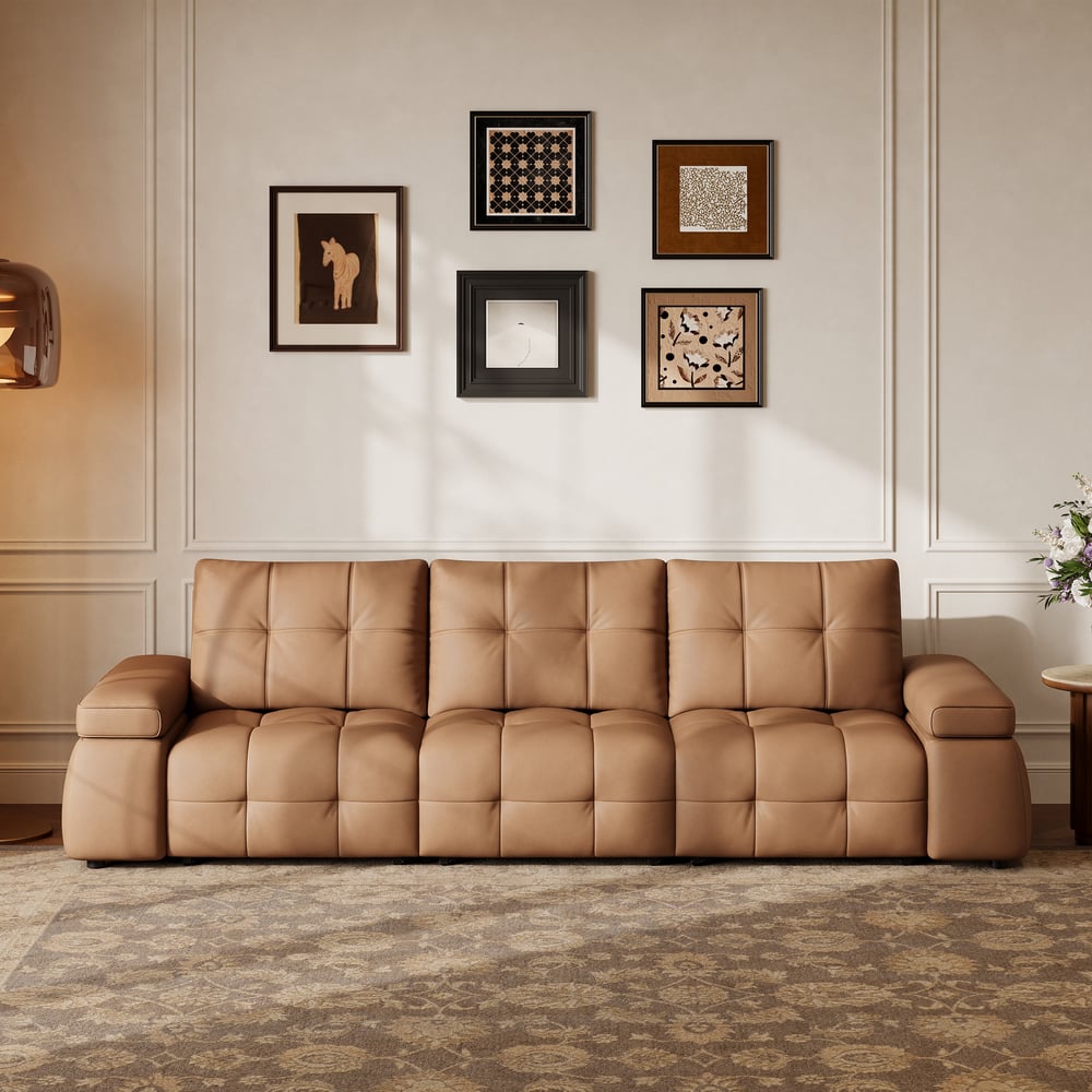 130" 3-Seater Genuine Leather Power Convertible Sleeper Sofa with adjustable armrests window image