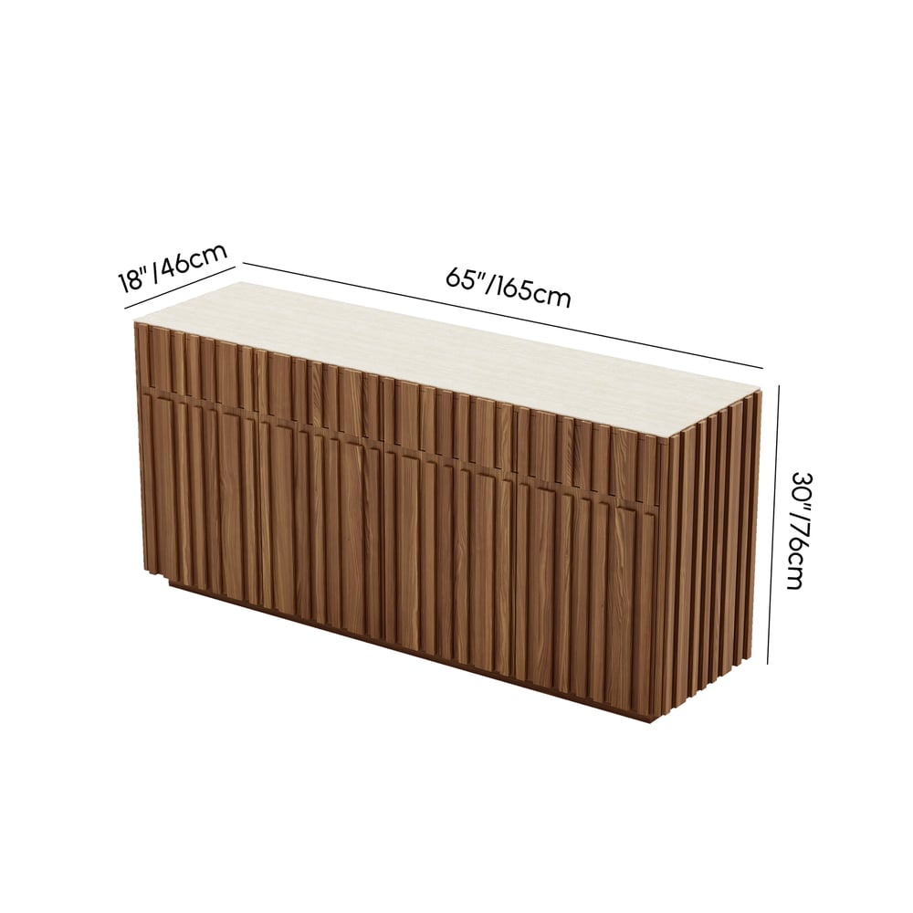 Aura 65" Ash Wood Slatted Walnut TV Stand with Sintered Stone Top weights dimensions image