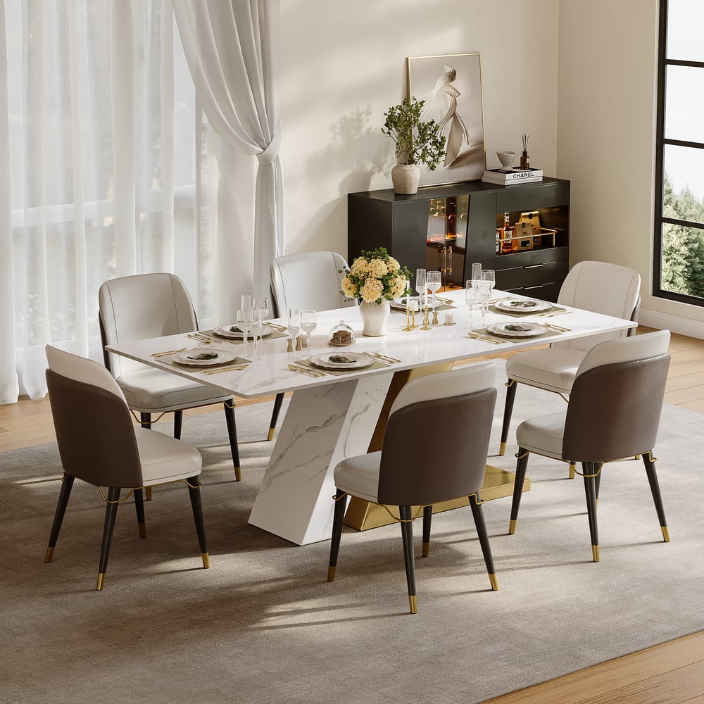 Dining Set 79" Modern Rectangle Sintered Stone Dining Table with 6 Chairs window image
