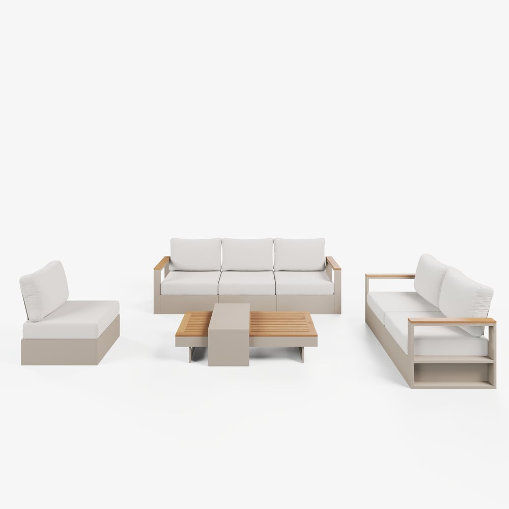 Tevara 6-Person Outdoor Sofa Set with Wood & Aluminium Frame, Sand & Warm White (4-Piece) window image