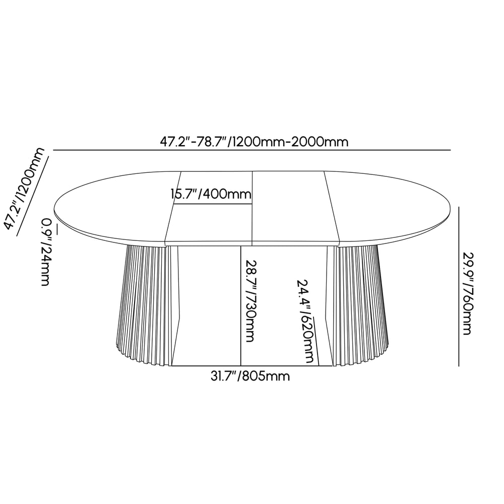 Modern 47"-79" Extendable Smoky Brown Wood Dining Table with Fluted Base, Seats 4-6 weights dimensions image