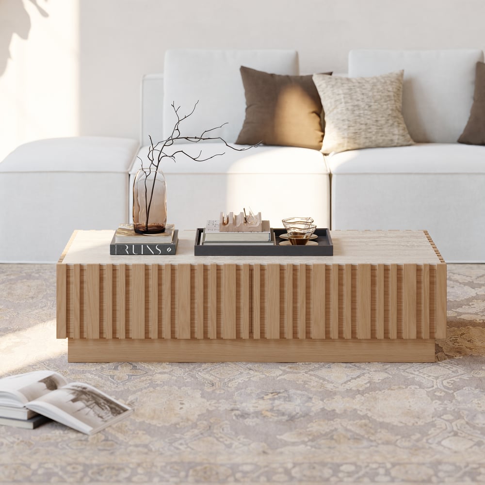 Table basse à lattes Aura 47" en bois de frêne avec plateau en pierre frittée image de fenêtre