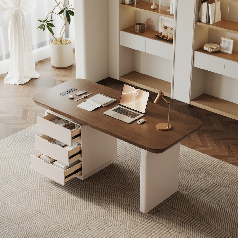 Modern 63” Rectangular Walnut Wood Desk with charging station & storage window image