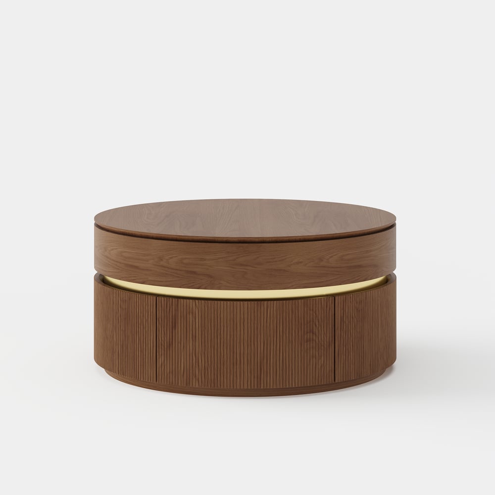 Table basse ronde en noyer à plateau relevable cannelé de 32 pouces avec 2 tiroirs image de fenêtre