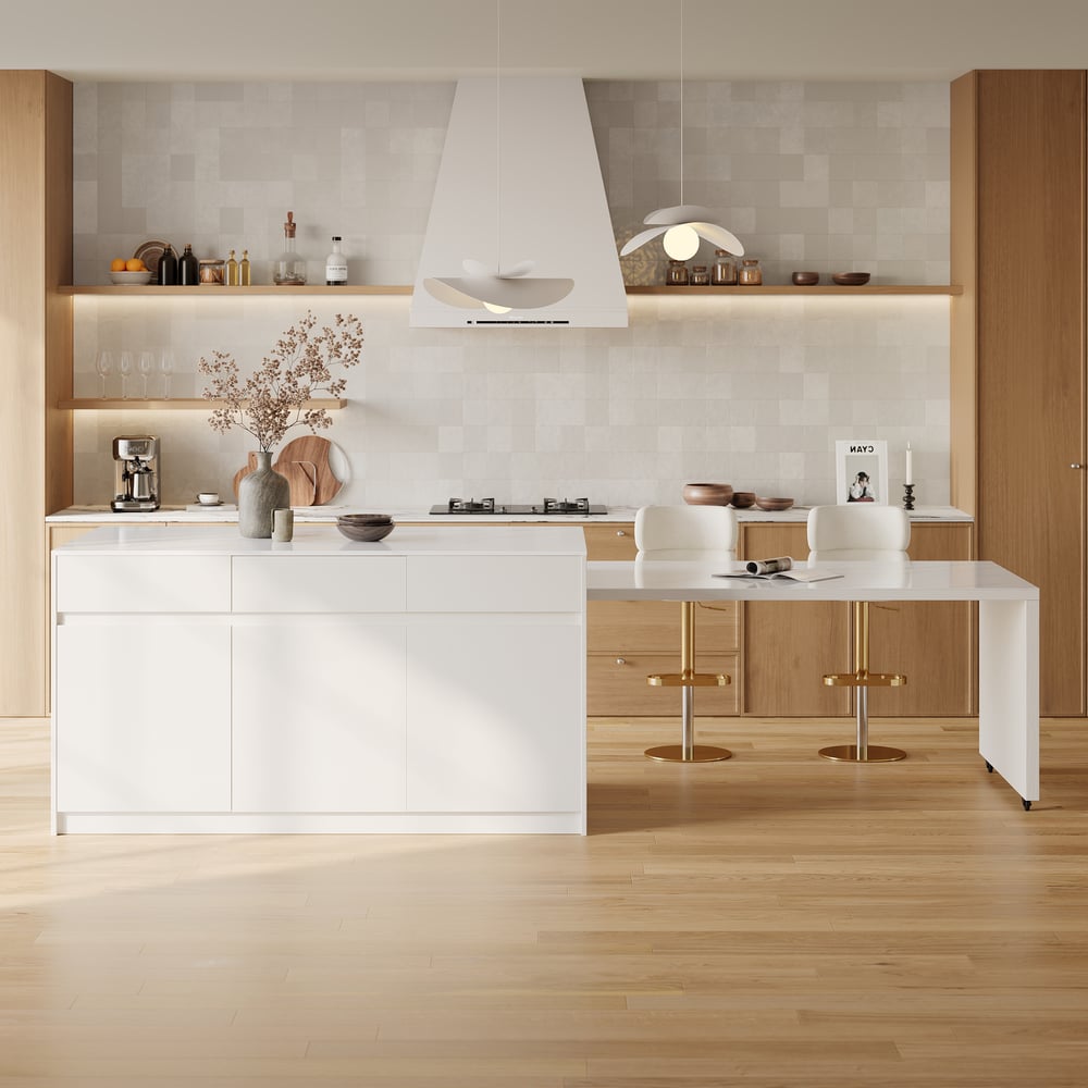 Îlot de cuisine moderne de 81" à 118" en pierre frittée avec tiroirs et portes, blanc image de fenêtre