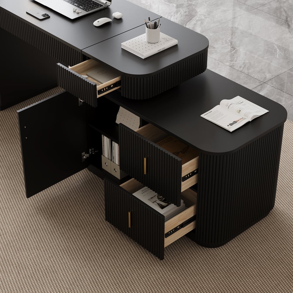 Velign 65" L-Shape Black Executive Desk with Right-Side Cabinet window image