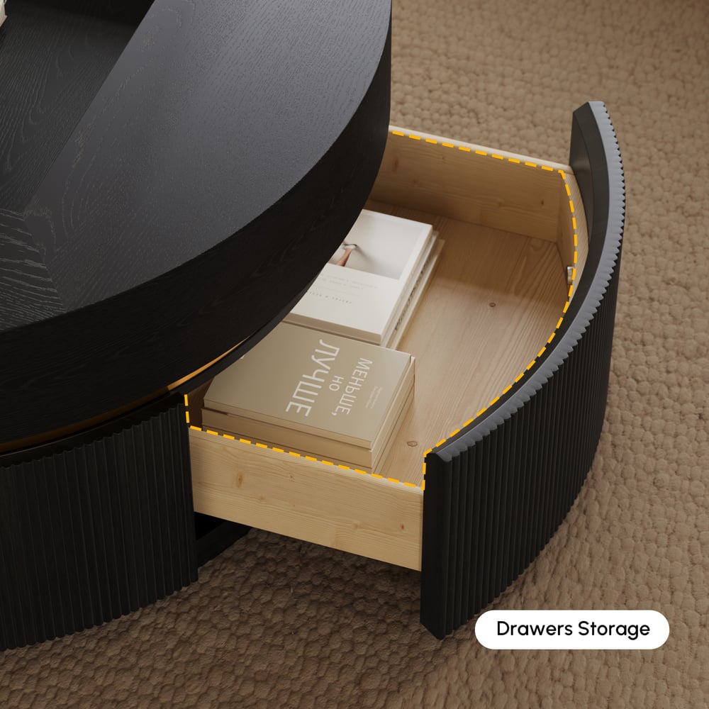 Table basse ronde à plateau relevable cannelé de 32 pouces avec 2 tiroirs image de fenêtre