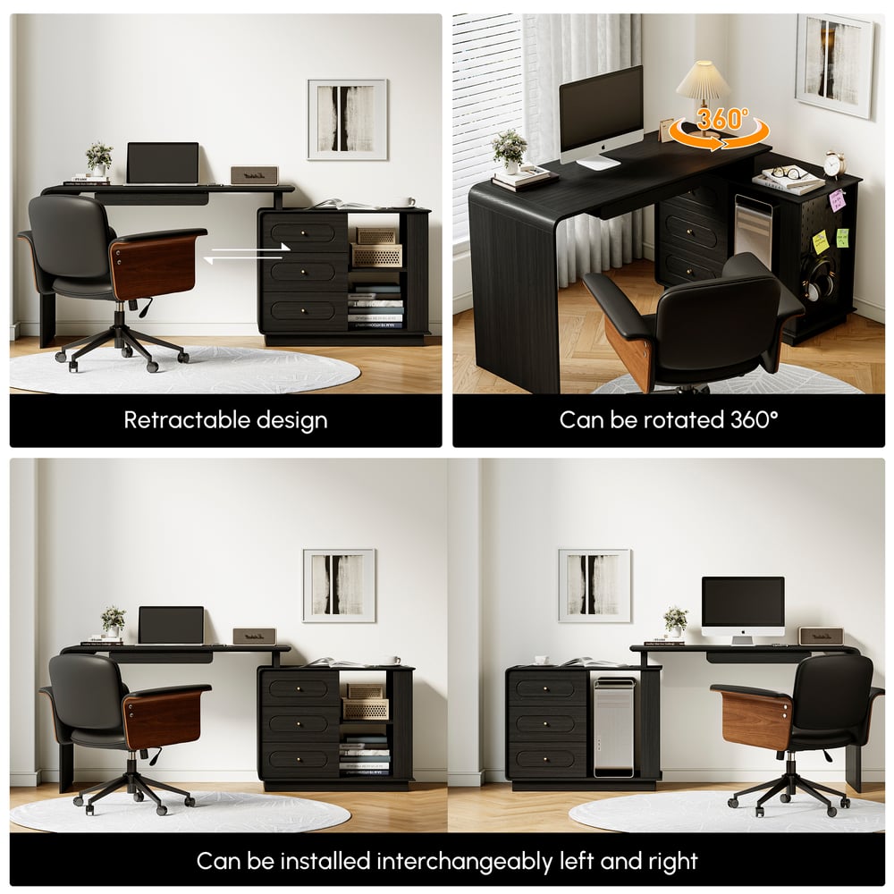 Modern 73" L-Shaped Black Rotating Desk with Keyboard Tray & Storage window image