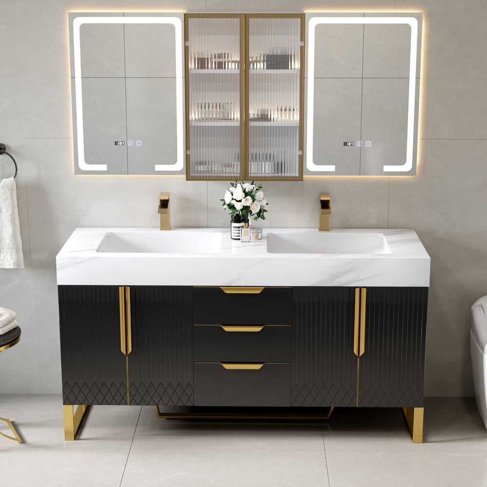 59" Double Sink Freestanding Vanity Set with LED Medicine Cabinet , Storage window image